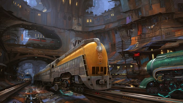 Steampunk trains in a futuristic city