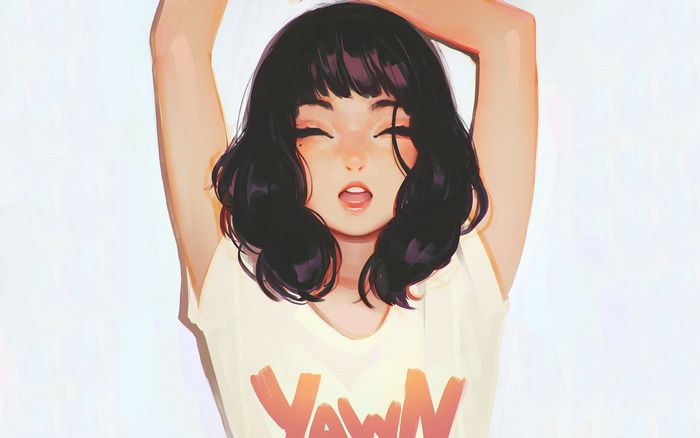 Woman with black hair yawning, arms up, wearing a T-shirt