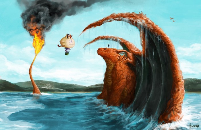 Charizard and Meowth from Pokémon in a fantasy sea scene