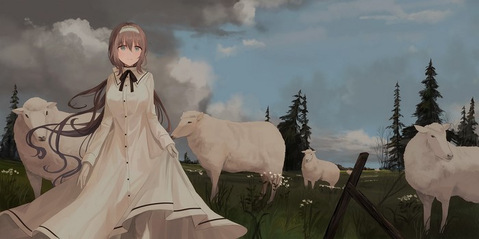 Anime girl in white dress with sheep in a field