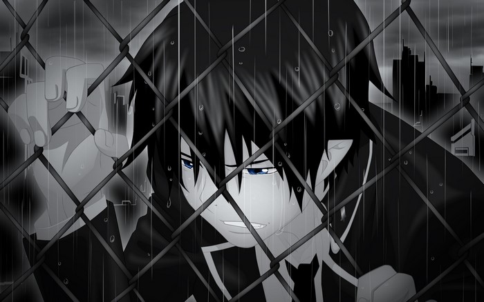 Anime boy with black hair crying behind a fence in the rain