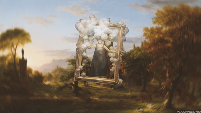 Anime girl in a frame with clouds