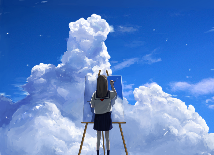 Girl in school uniform painting clouds in the sky