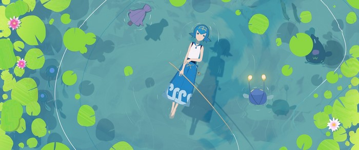 Lana from Pokémon fishing in a pond with Pokémon