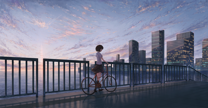 Anime girl with bicycle on a bridge overlooking city skyline at sunset