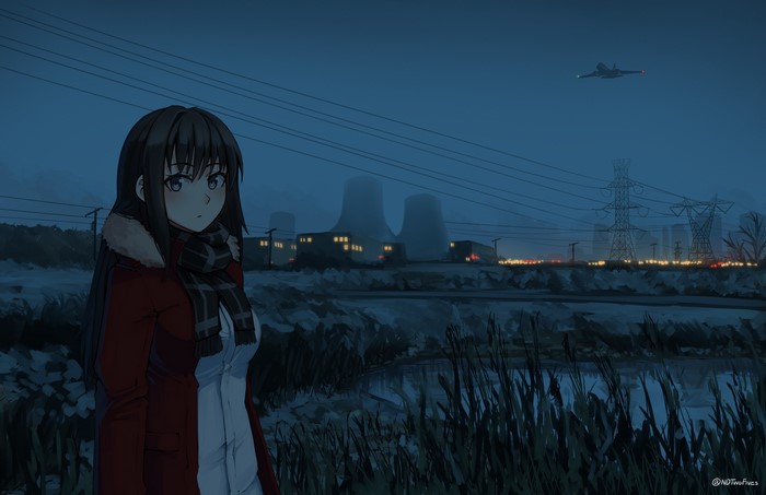 Anime girl in winter near a power plant with a jet flying overhead