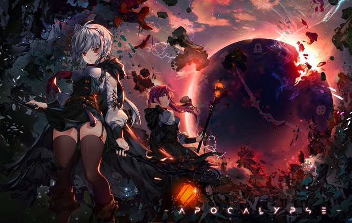Apocalyptic scene with two anime girls and a planet