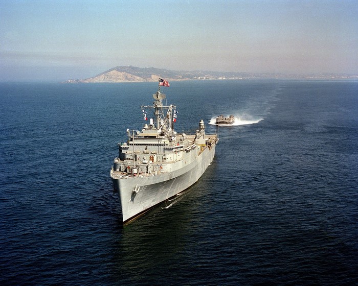 Naval ship with hovercraft in the ocean