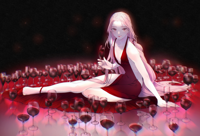 Anime girl in red dress surrounded by wine glasses