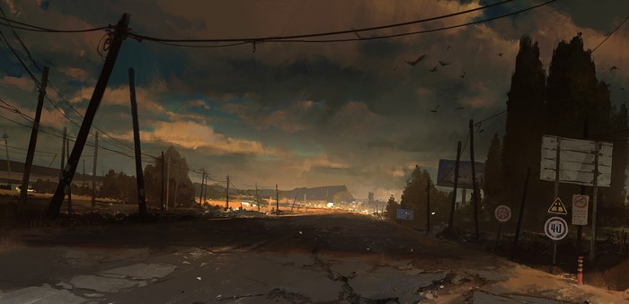 Post-apocalyptic road with power lines and distant city
