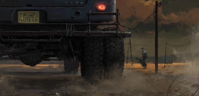 A person with a case walks near a large truck