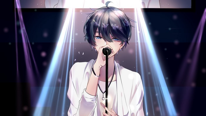 Anime boy singing on stage with microphone