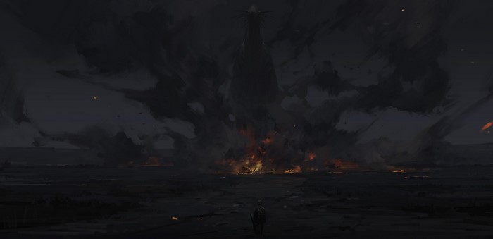 A lone figure faces a colossal, dark structure engulfed in flames