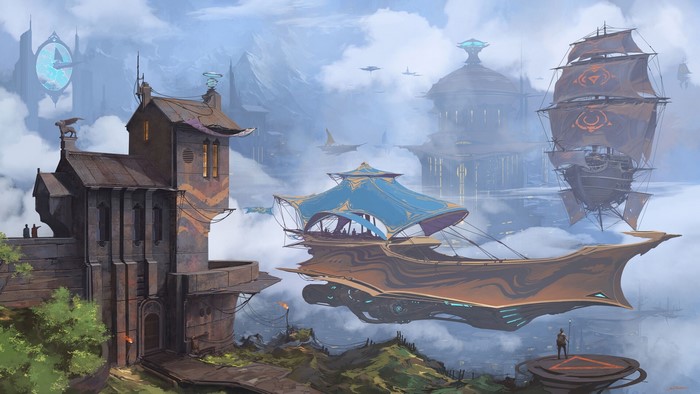 Fantasy city with airships and clock tower