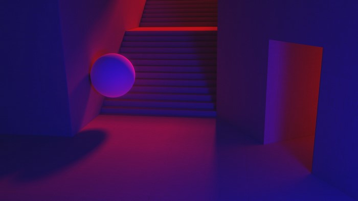 Abstract CGI render of a sphere on stairs with neon lighting