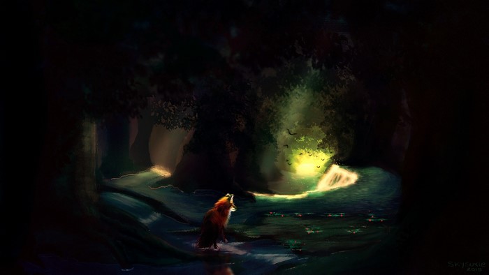 Fox howling in a dark, luminous forest clearing