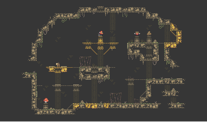 Pixel art cave level with characters and mushrooms