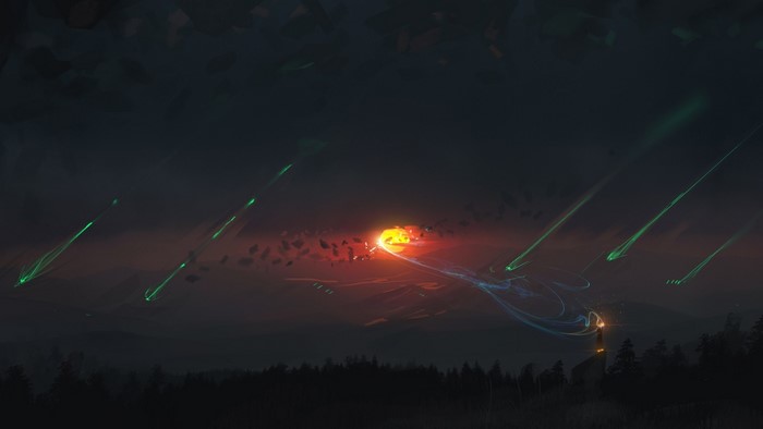 Fantasy art of meteors falling on a sunset landscape