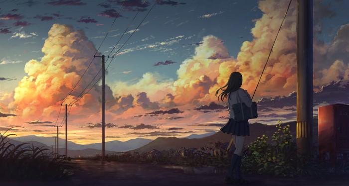 Anime girl in skirt looking at sunset clouds