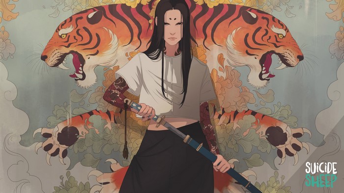 Samurai woman with katana and tigers by Mona Finden