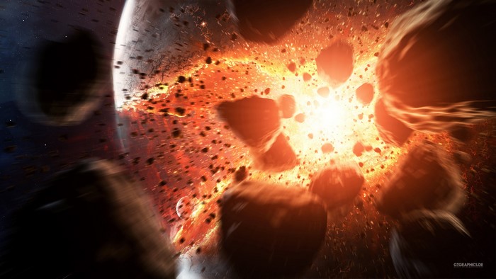 Planet explosion in space with asteroids