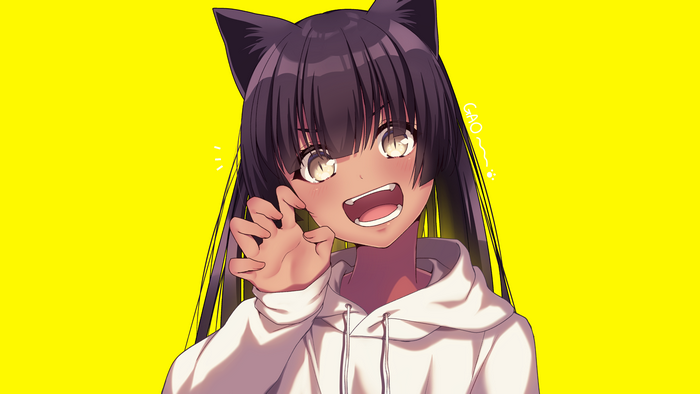 Anime girl with neko ears on yellow background