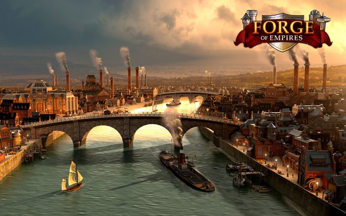 Forge of Empires video game art with cityscape and bridge