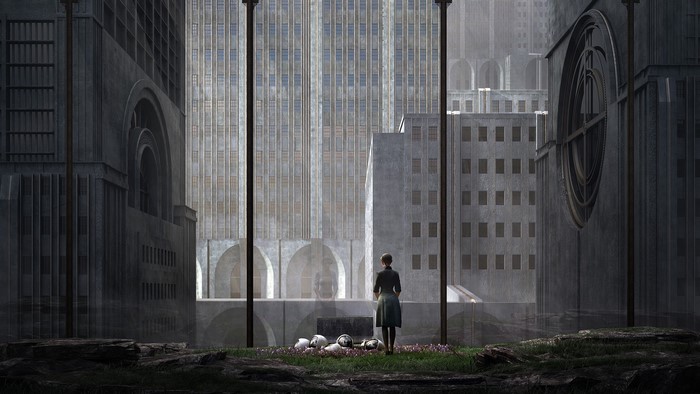 Woman in a desolate cityscape with fallen helmets
