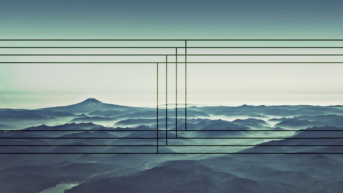 Mountains and mist with musical staff lines