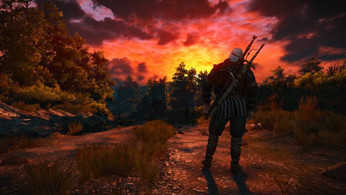 Geralt of Rivia from The Witcher 3: Wild Hunt at sunset