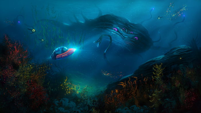Subnautica creature and submarine in underwater coral reef