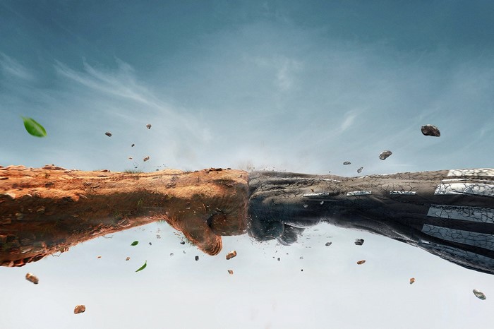 Digital Art of Clay and Charcoal Fists Colliding