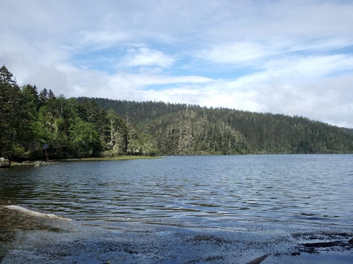 Lake Agnes with Forested Hills and Cloudy Sky
