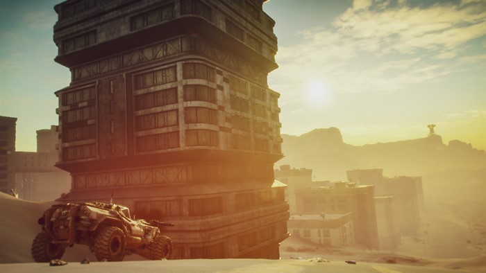 Rage 2 screenshot with vehicle and ruined city