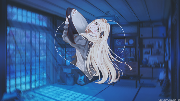 Anime girl with shark plushie in room