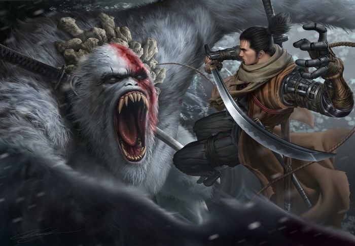 Sekiro: Shadows Die Twice - Wolf fights a giant ape