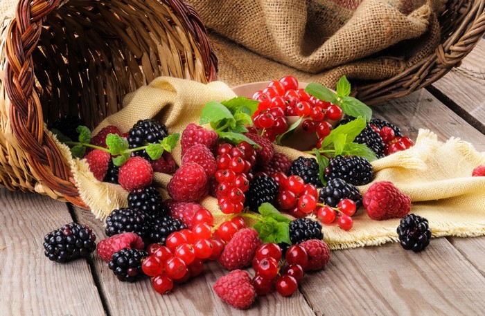 Basket of fresh raspberries, blackberries, and red currants