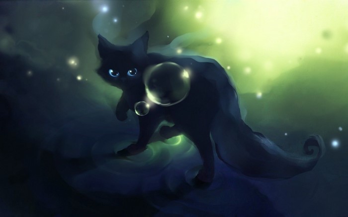 Black cat with glowing blue eyes and bubbles