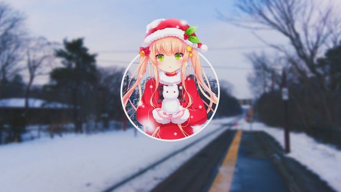 Anime girl in Christmas outfit holding a snowman