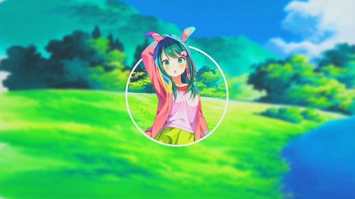 Anime girl with bunny ears in a meadow