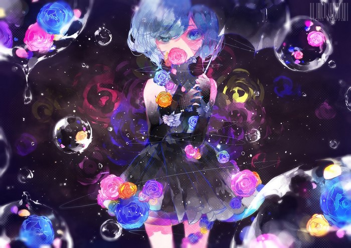 Anime girl with blue hair and flowers in bubbles