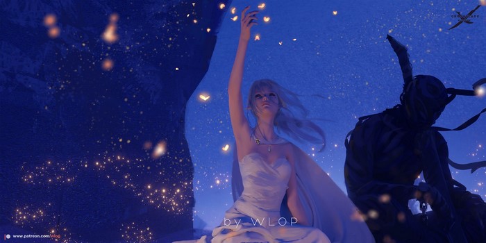 Anime girl reaching for glowing butterflies with a shadowy figure