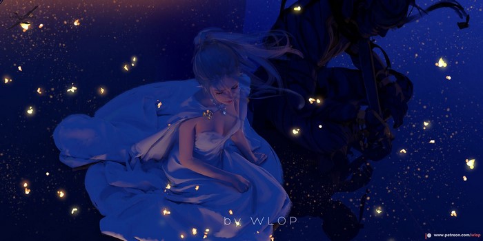 Anime girl in white dress with WLOP signature