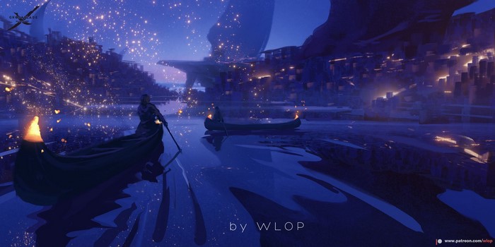 Two people in boats on a glowing river at night