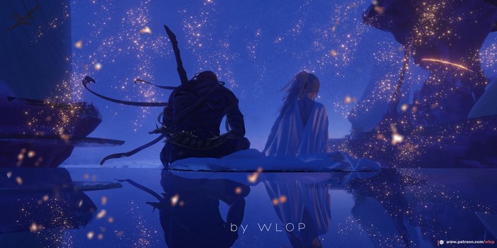 Anime couple sitting by a starry lake