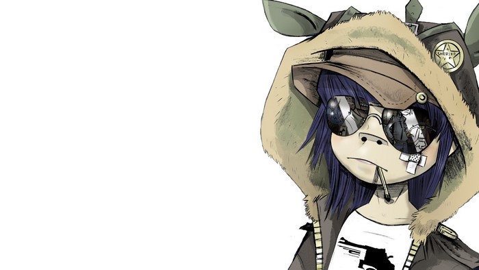 Noodle from Gorillaz wearing a hooded jacket and sunglasses