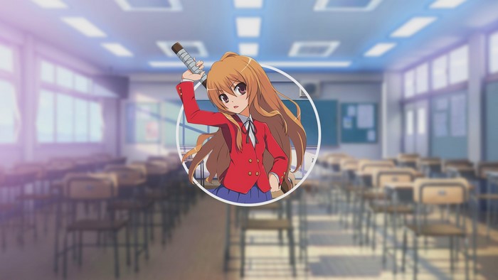 Taiga Aisaka from Toradora! holding a wooden sword in a classroom