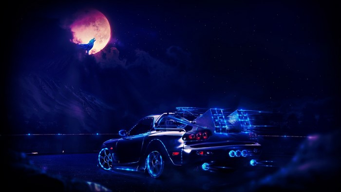 Neon wolf howling at the moon with a futuristic car