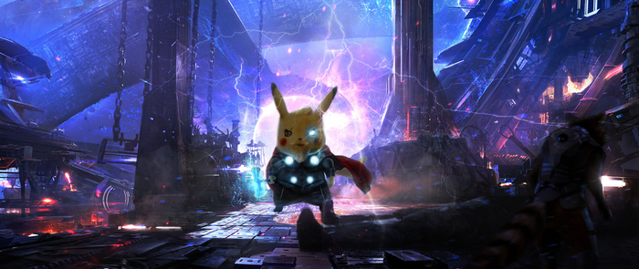 Pikachu as Thor with Rocket Raccoon in a sci-fi setting