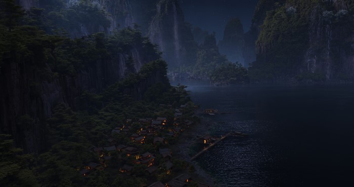 4K CGI village by mountains and lake